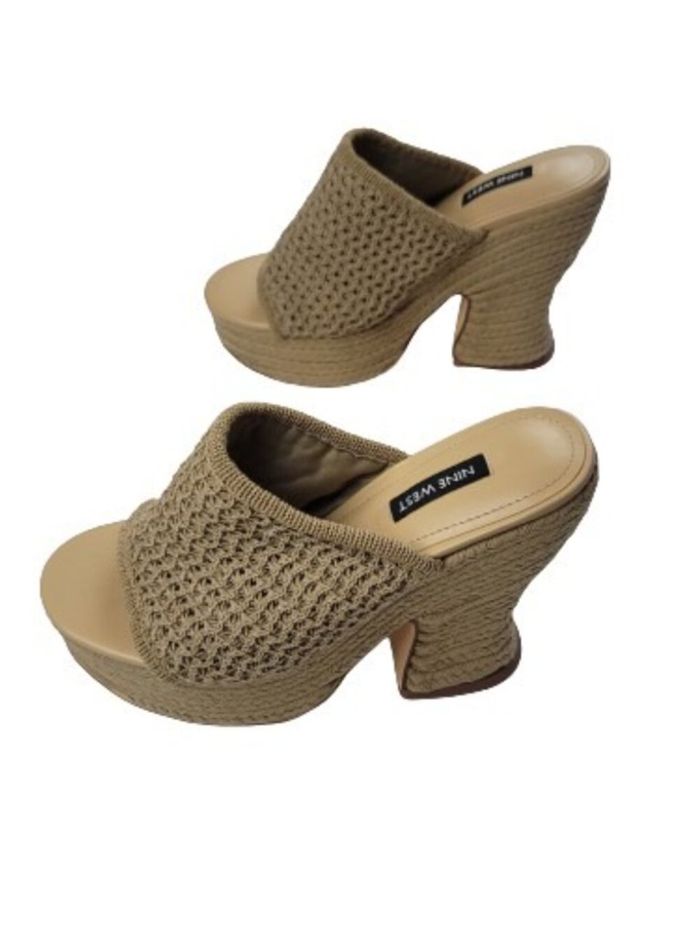 Nine West Fefee Platform Mule Sandals Size 6.5 Tan Woven Chunky Heel Open Toe - Picture 3 of 10